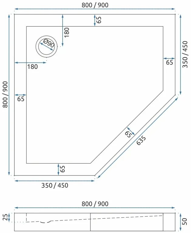 Cabina dus cu cadita de dus pentagonala cu usa batanta Rea Diamond 90x90 auriu - alb