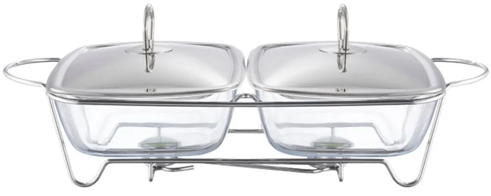 Vas termorezistent cu incalzitor 2x2.5L, suport si capac argintiu, chafing dish, Helios