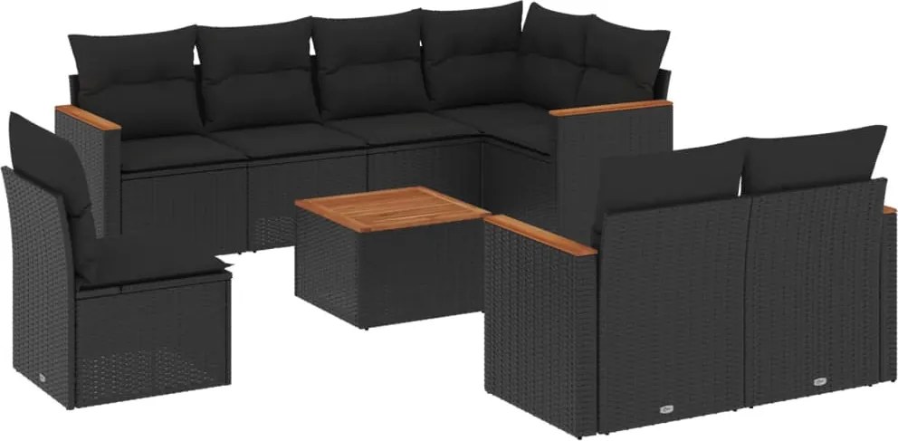 vidaXL Set mobilier de grădină cu perne, 9 piese, negru, poliratan