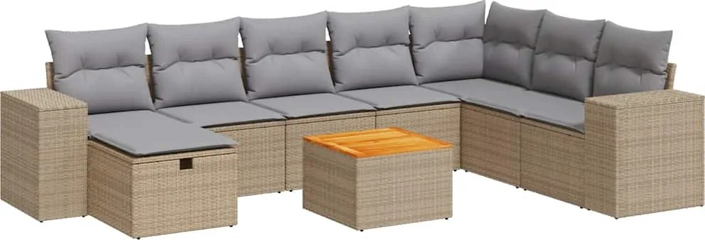 vidaXL Set canapele de grădină, 9 piese, cu perne, bej, poliratan
