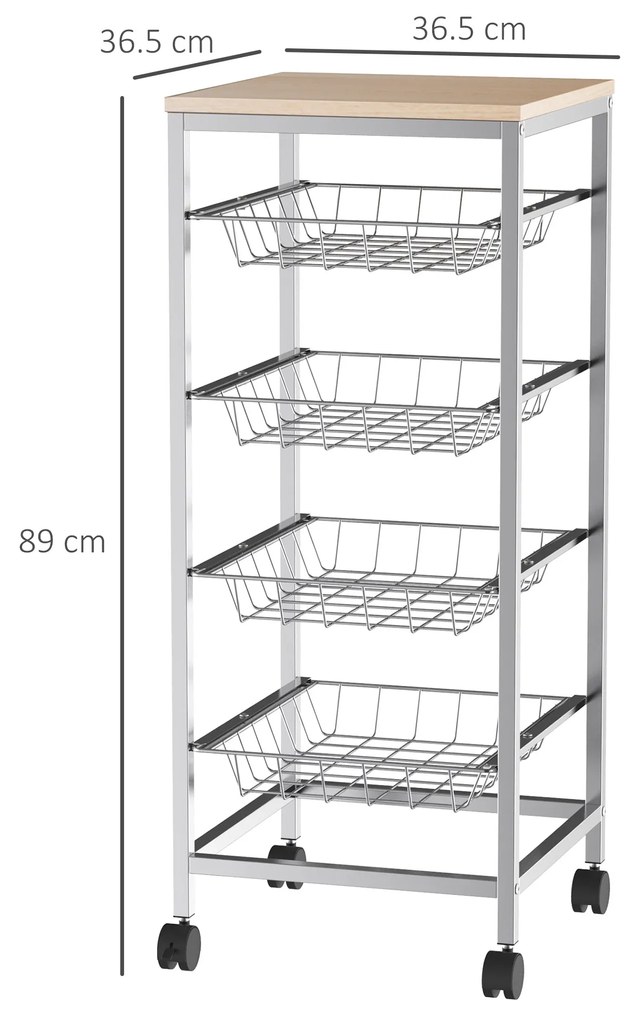 HOMCOM Cărucior de Bucătărie cu 4 Coșuri Detașabile pentru Alimente, 36,5x36,5x89 cm, Argintiu | Aosom Romania