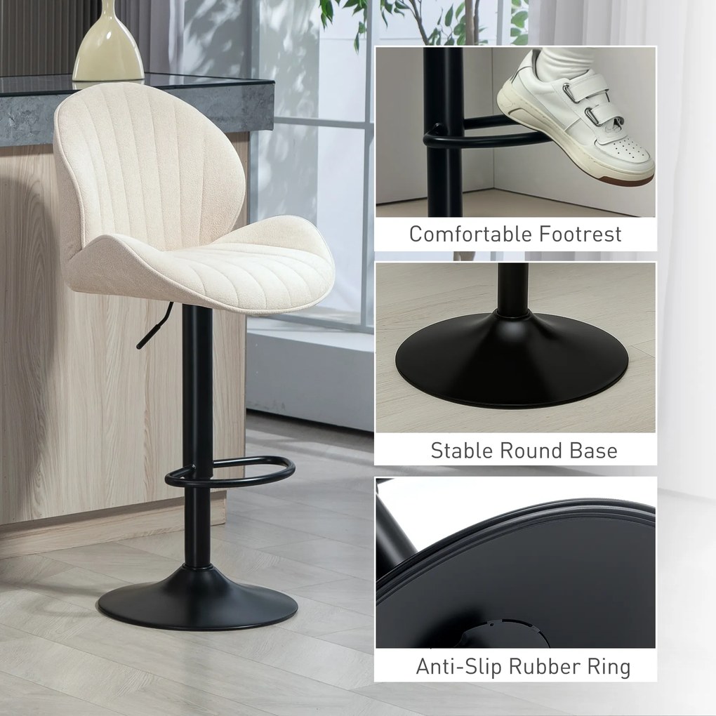 HOMCOM Set de 2 Scaune de Bar cu Suport pentru Picioare, din Țesătură cu Efect de Cinilie, 48x50x94-115 cm, Negru și Bej | Aosom Romania