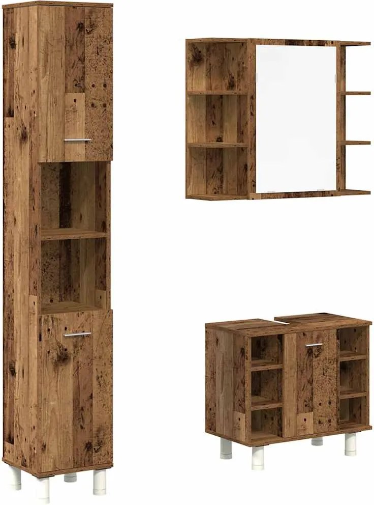 vidaXL Set mobilier de baie, 3 piese, lemn vechi, lemn prelucrat