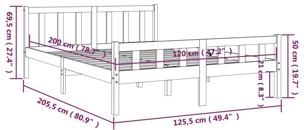 Cadru de pat, gri, 120x200 cm, lemn masiv Gri, 120 x 200 cm