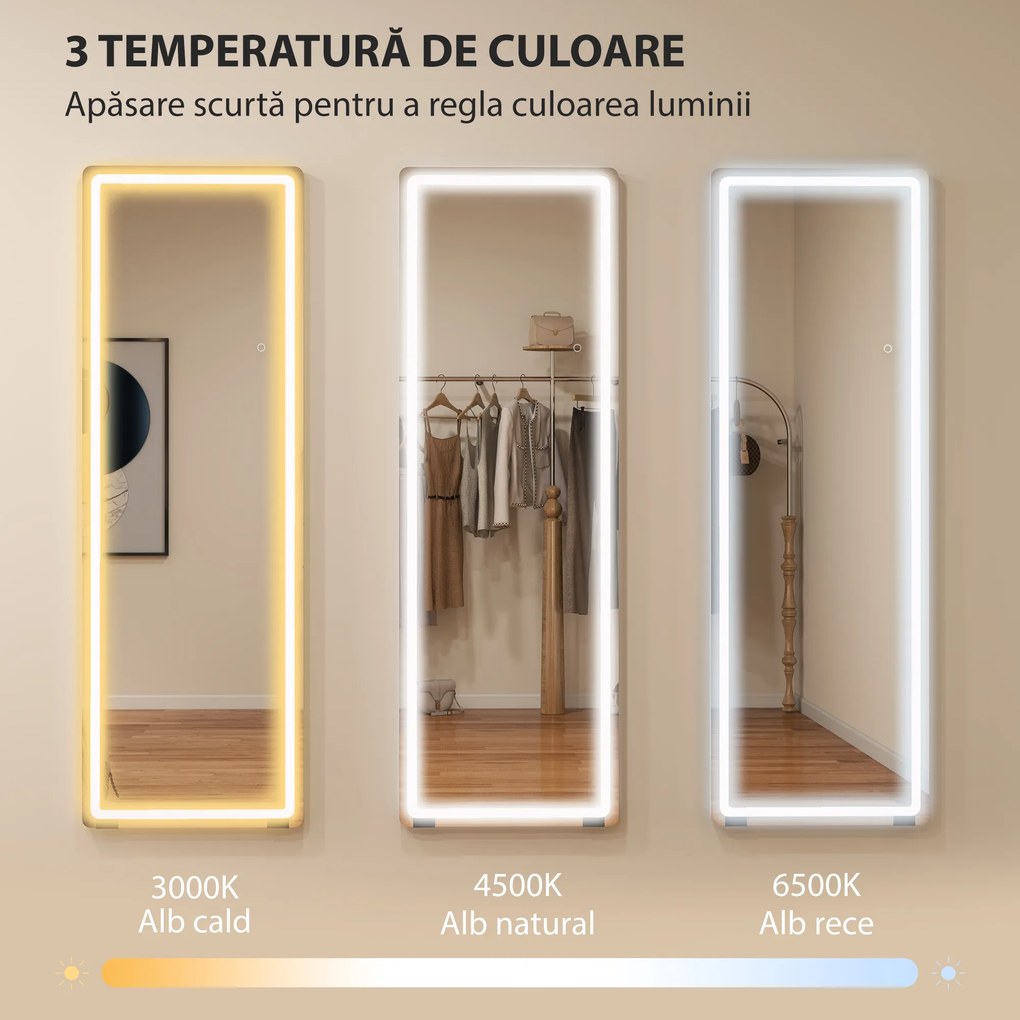 HOMCOM Oglindă de Corp Întreg cu LED, 150x50 cm, Iluminare în 3 Culori, de Podea, Sprijinită sau Montată pe Perete, Transparentă | Aosom Romania