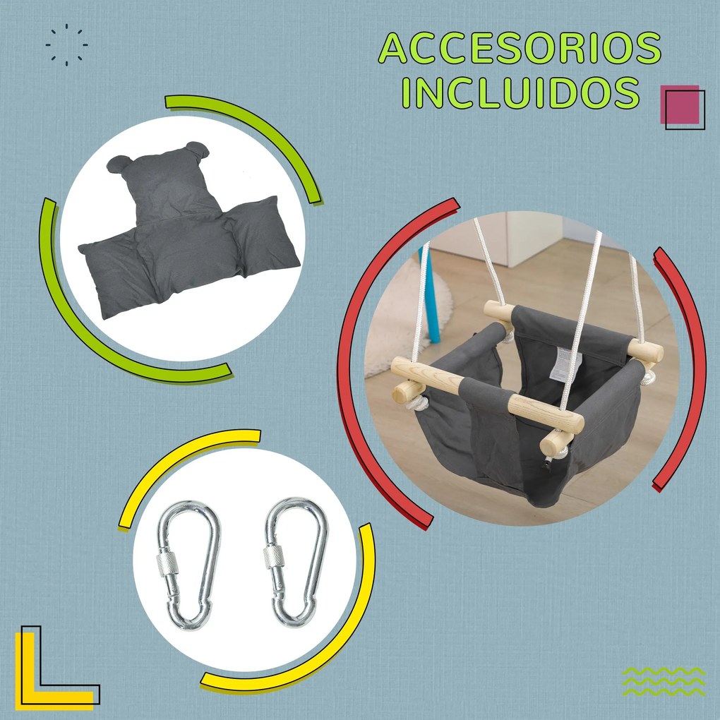 AIYAPLAY Leagăn pentru Bebeluși cu Înălțime Reglabilă pentru Copii de 9-36 Luni 40x40x110-180 cm Gri și Lemn | Aosom Romania
