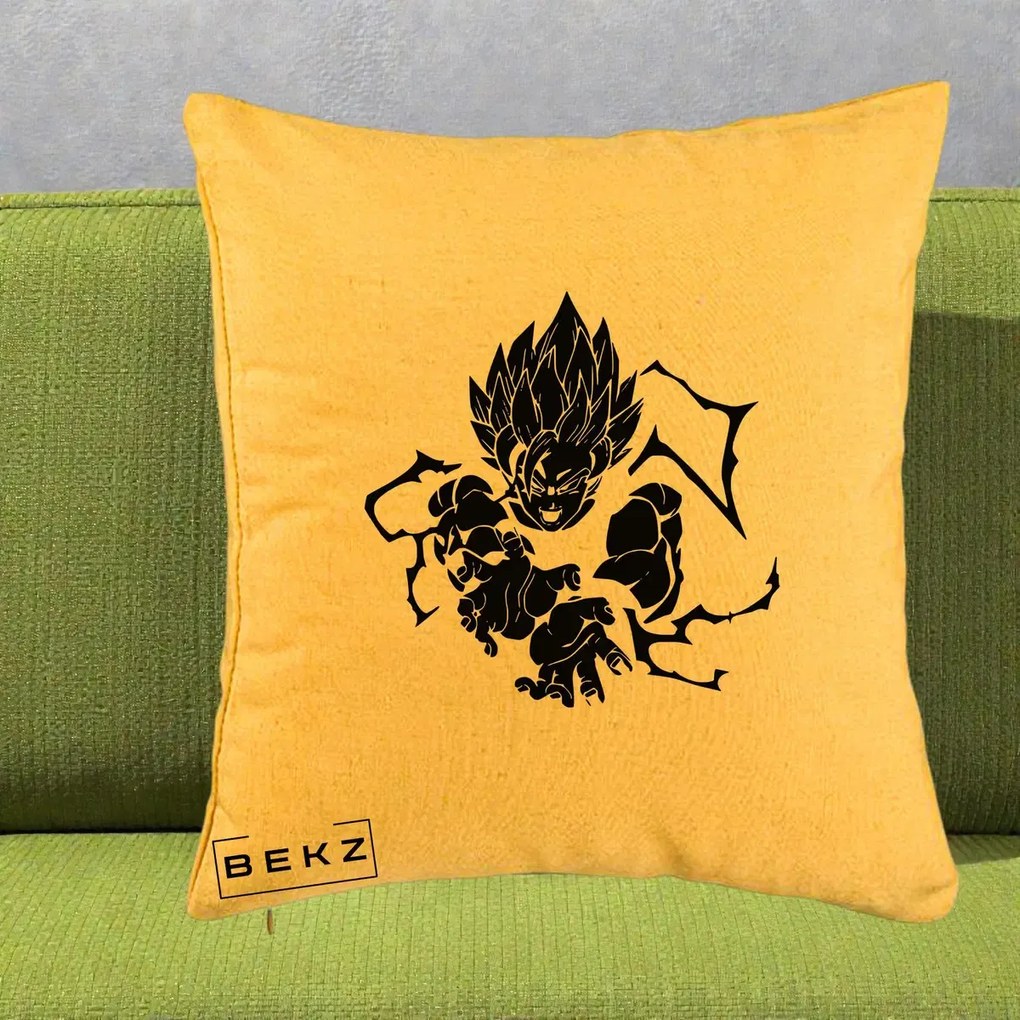 Perna Personalizata Dragon Ball Goku Super Saiyan Silueta, 40x40 cm, Galben, Husa Detasabila, Perna Inclusa, BEKZ®