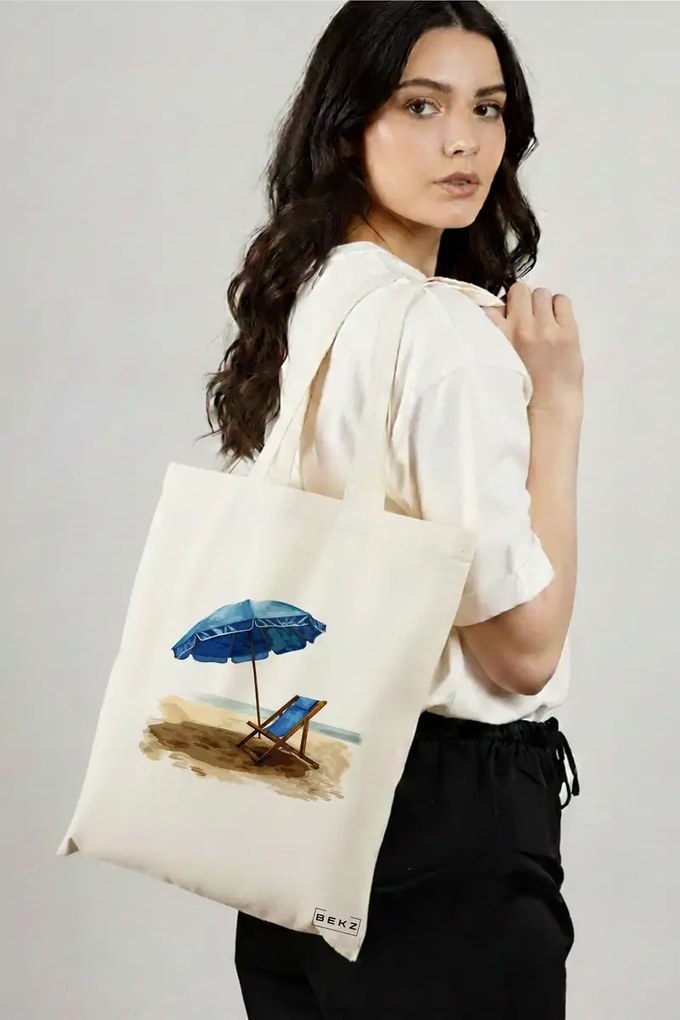 Sacosa de Panza pentru Cumparaturi, Geanta Tote, model Beach life 38 x 34.5 cm, Alba, BEKZ®