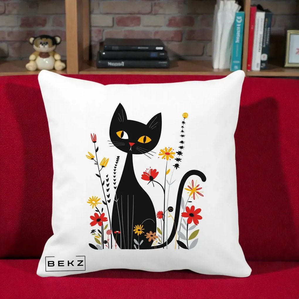 Perna Decorativa Pisica Neagra Ochi Galbeni Flori, 40x40 cm, Alba Mata, Husa Detasabila, Perna Inclusa, BEKZ®