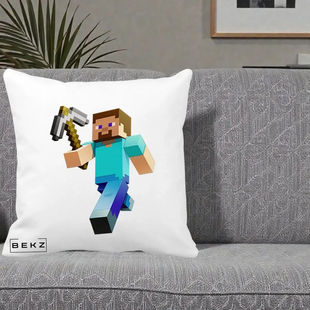 Perna Personalizata Minecraft Steve cu Tarnacop, 40x40 cm, Alba Mata, Husa Detasabila, Perna Inclusa, BEKZ®