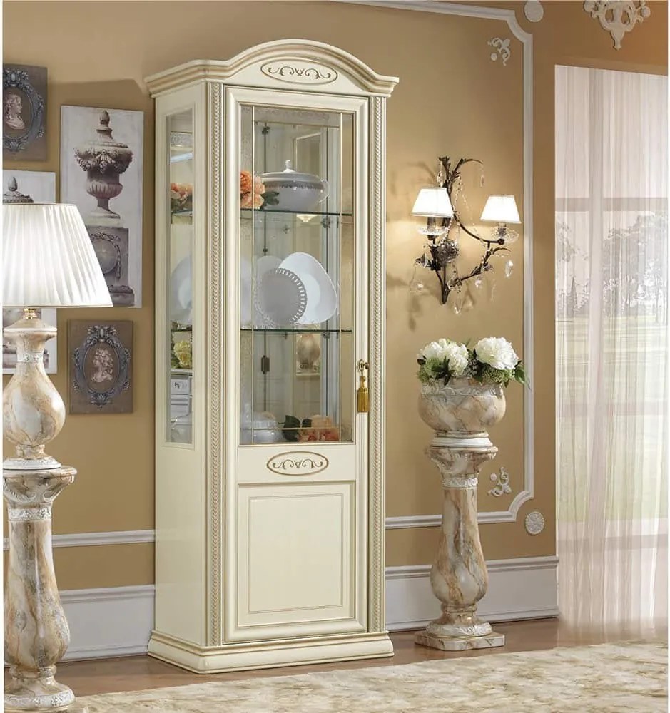Vitrină lemn masiv crem Caterina, 81 × 47 × 216 cm