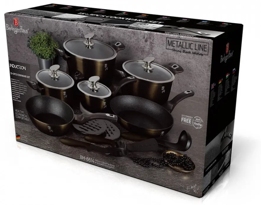 Set oale si tigai (18 piese) Metallic Line Shiny Black Edition BerlingerHaus BH 6614