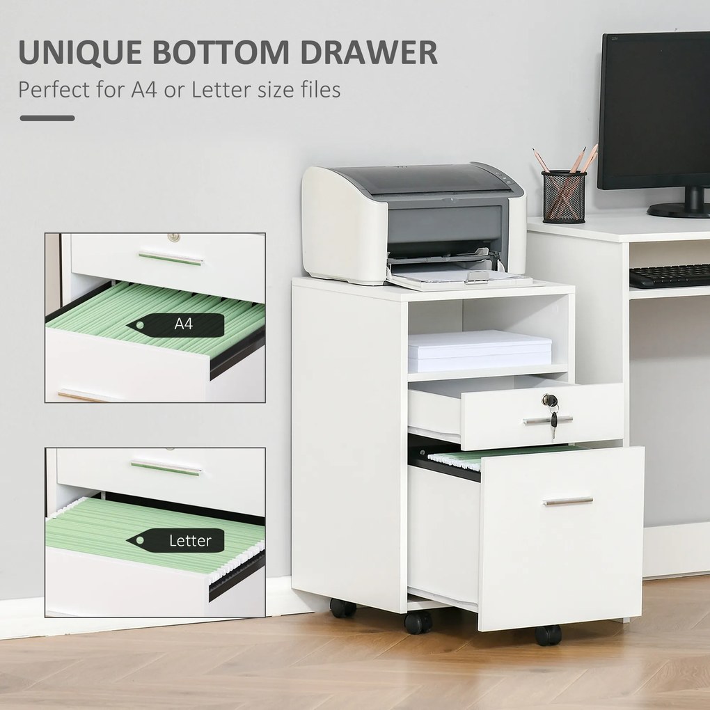 Vinsetto Dulap cu Sertare Blocabile, 2 Chei Incluse, cu 5 roti cu rotatie la 360°, Spațiu Optimizat, Alb | Aosom Romania