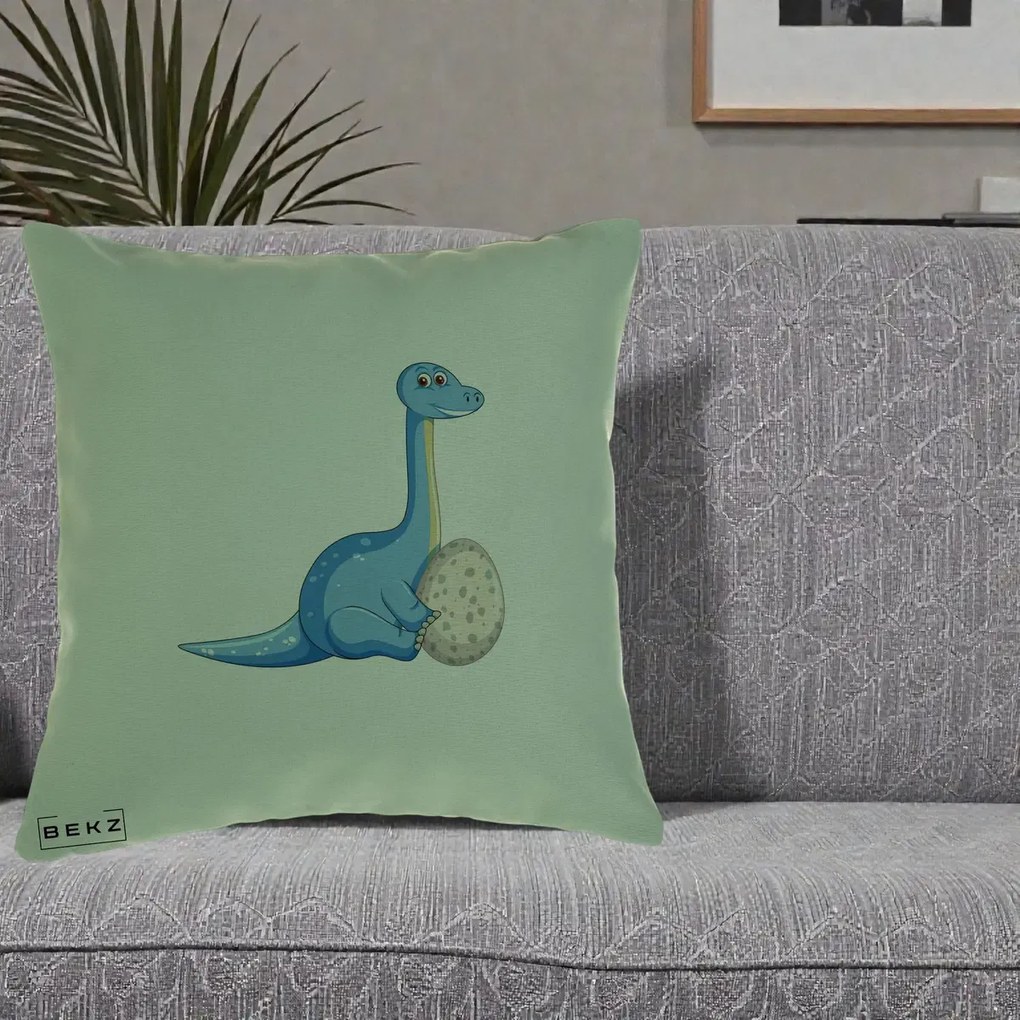Perna Decorativa Brontosaur cu Ou, 40x40 cm, Verde, Husa Detasabila, Perna Inclusa, BEKZ®