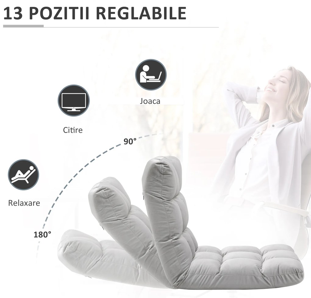 HOMCOM Fotoliu Podea Gri Confortabil cu Spătar Reglabil 180° și Căptușeală Groasă pentru Relaxare | Aosom Romania