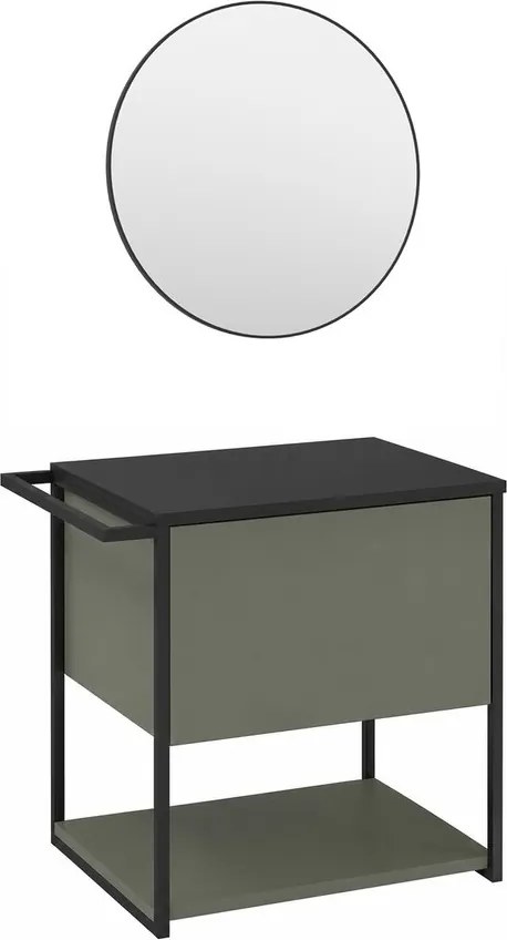 Set dulap baza suspendat Krofam Lov verde-negru 60 cm blat negru cu oglinda cu rama neagra