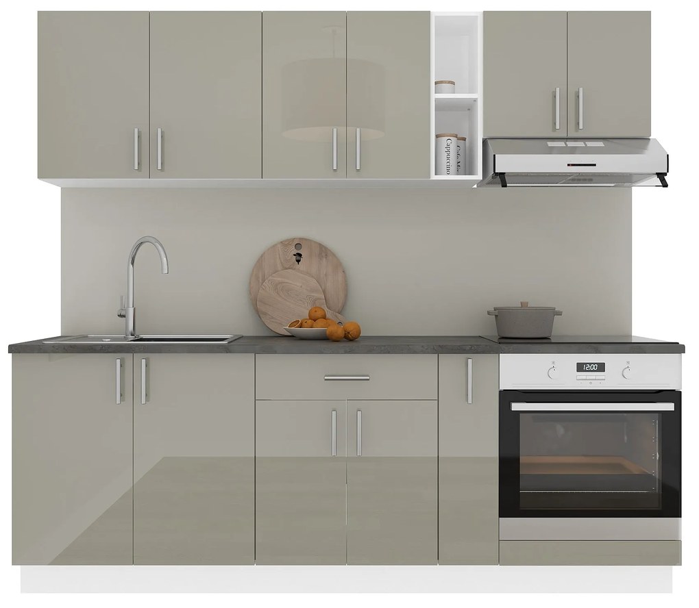 Set Bucatarie Karo V14, Gri Lucios/Alb, MDF, Blat Thermo 28 mm, L 220 cm