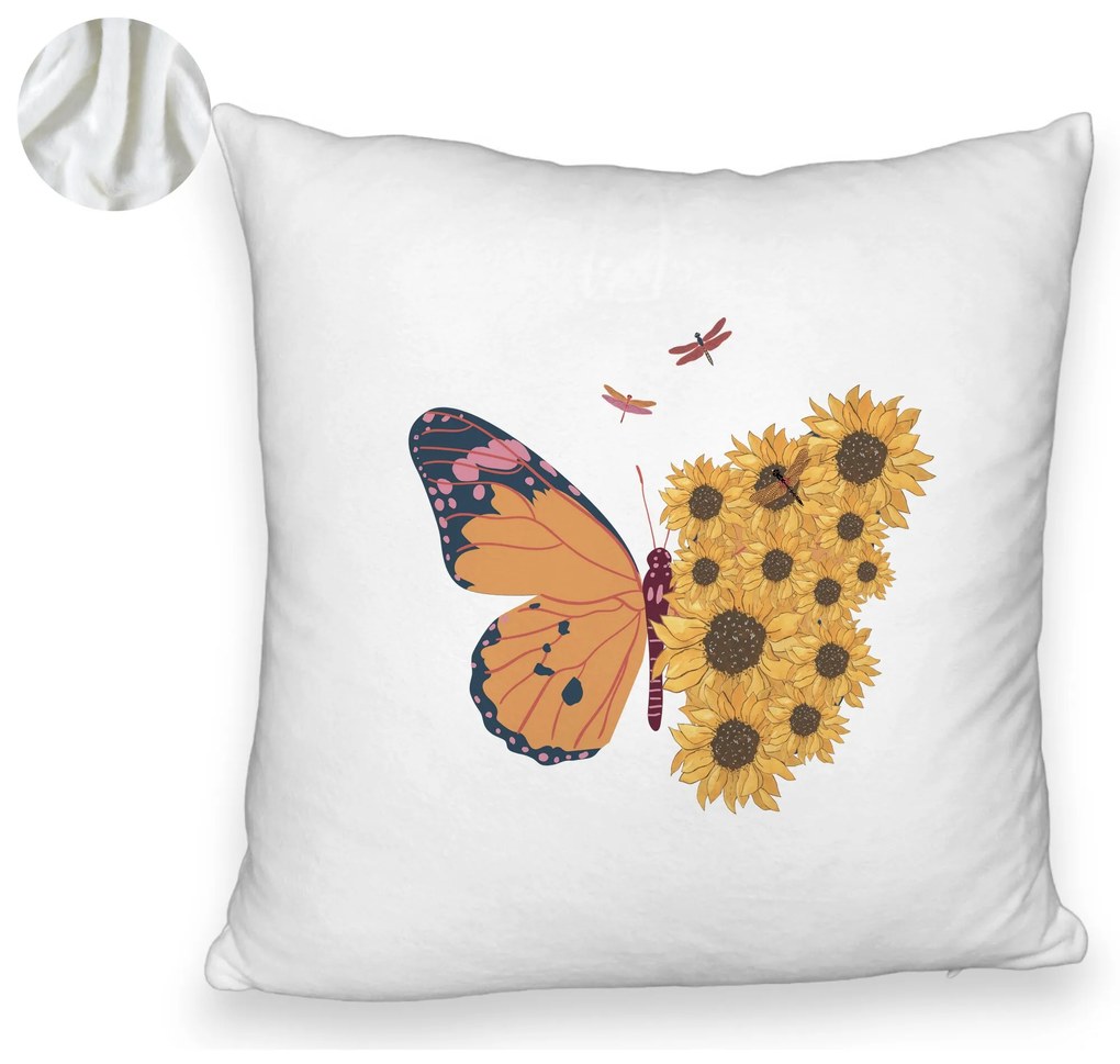 Perna Decorativa Fluffy, Model SunFlower Butterfly, 40x40 cm, Alba, Husa Detasabila, Burduf