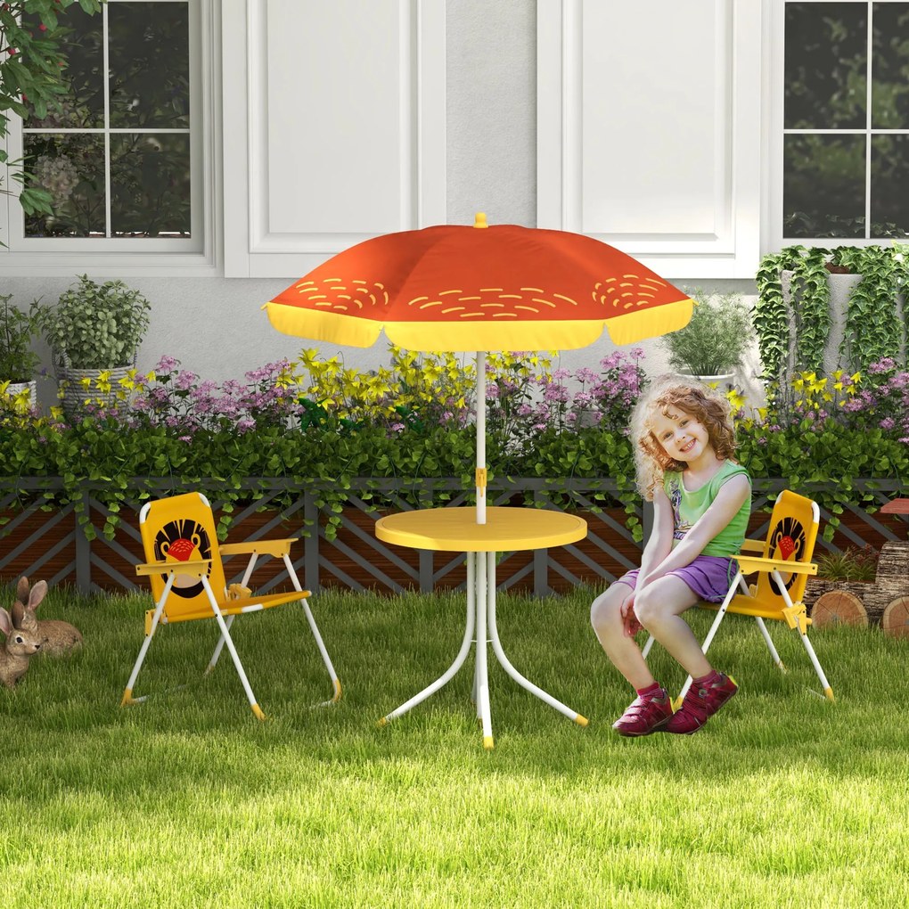 Outsunny Set mobilier de grădină pentru copii 4 piese motiv de leu cu umbrelă reglabilă Ø 100 cm scaun pliabil galben | Aosom Romania