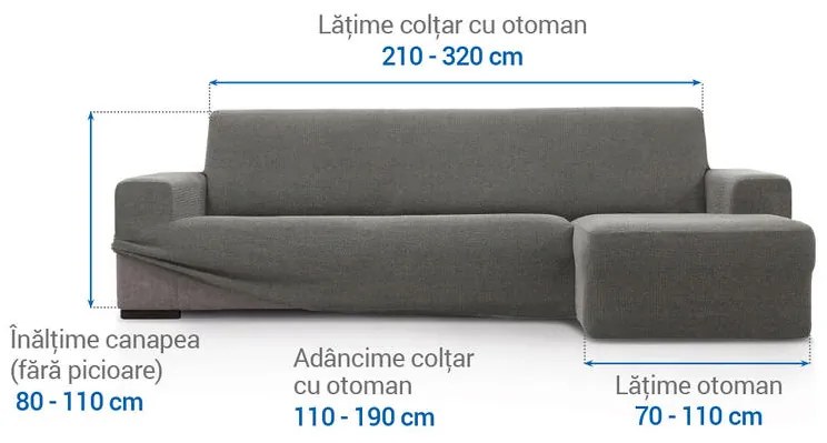 Huse super elastice HARMONIA gri canapea cu otoman dreapta (l. 210 - 320 cm)