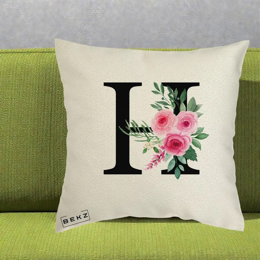 Cadou Personalizat - Perna Personalizata Monograma Florala Litera H cu Trandafiri Roz, 40x40 cm, Ecru, Husa Detasabila, Perna Inclusa, BEKZ®