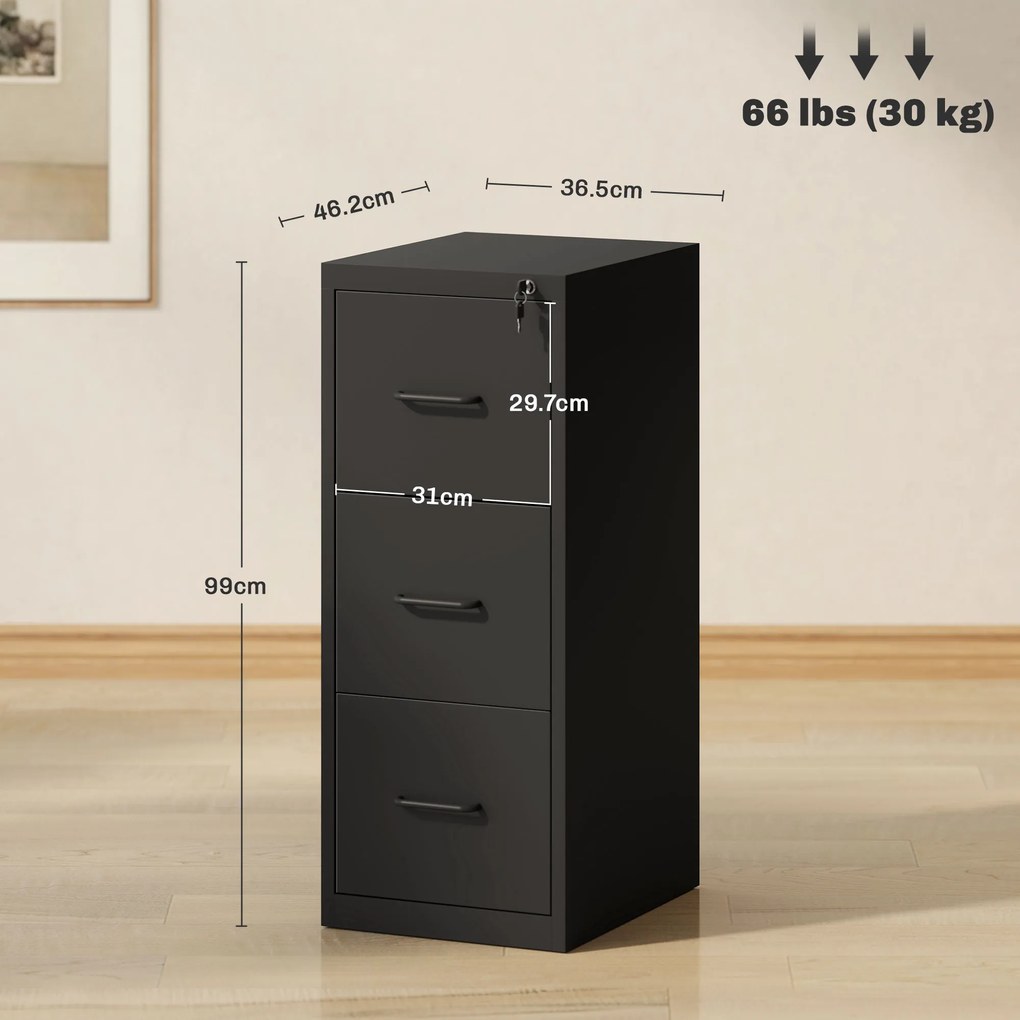 HOMCOM Dulap cu Sertare pentru Documente și cu o încuietoare, Bară Reglabilă, 36,5x46,2x99 cm, Negru | Aosom Romania
