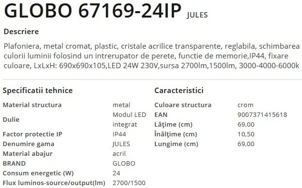 Plafoniera LED pentru baie design modern IP44 Jules crom 24W