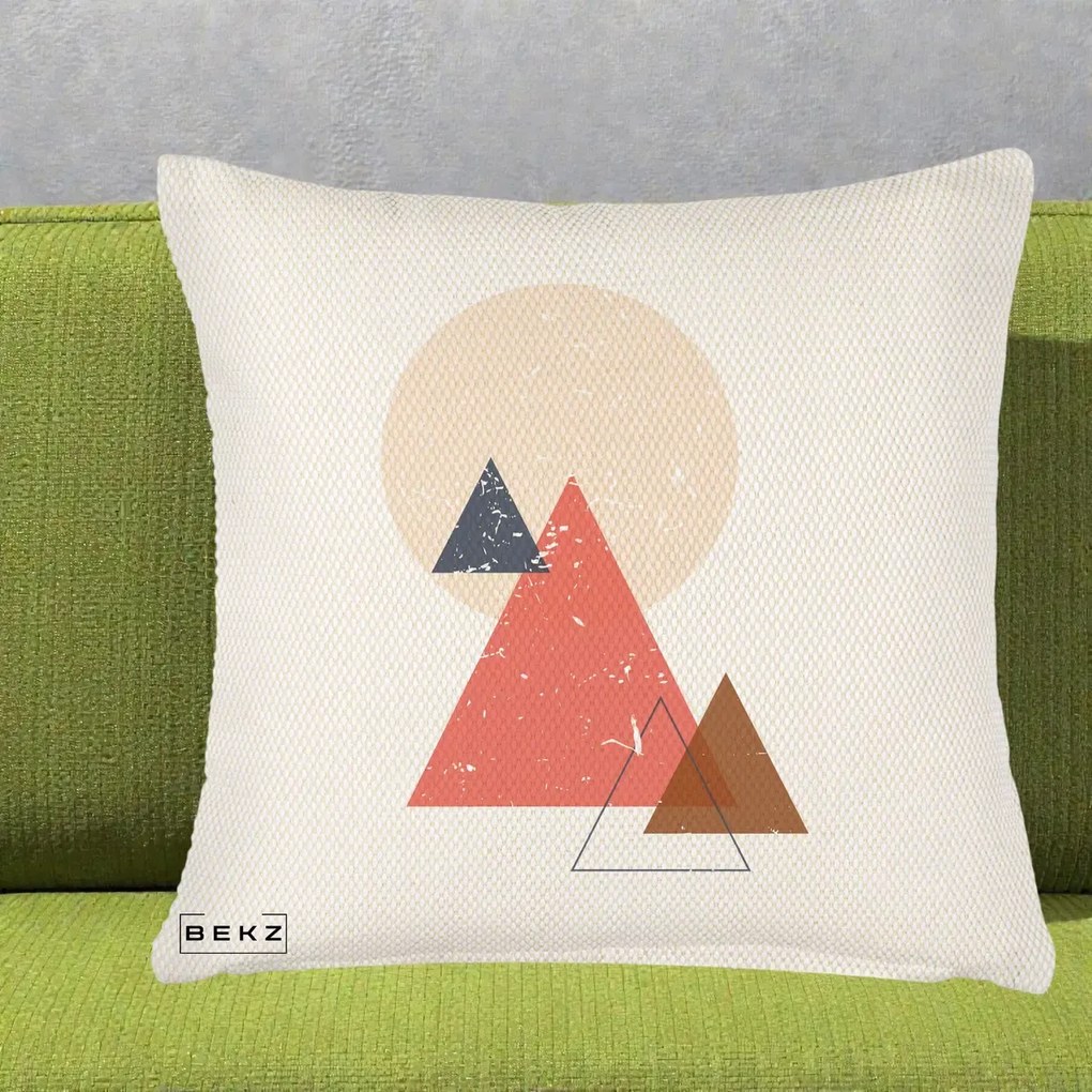 Perna Decorativa Geometric Munti si Soare, 40x40 cm, Crem Reliefat, Husa Detasabila, Perna Inclusa, BEKZ®