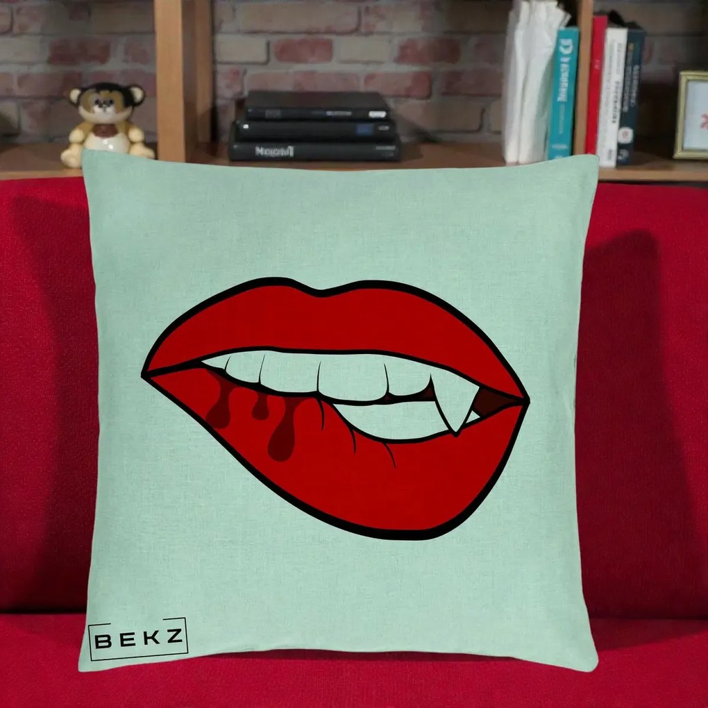 Perna Decorativa Vampire Lips Halloween, 40x40 cm, Verde Menta, Husa Detasabila, Perna Inclusa, BEKZ®