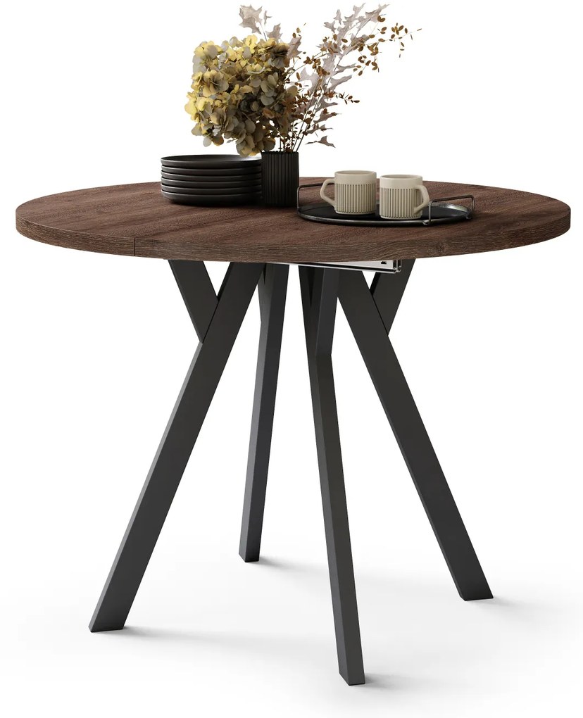 Mazzoni ALMO Stejar Maro/picioare negre - MASĂ ROTUNDĂ EXTENSIBILĂ CU PICIOARE ÎN FORMĂ DE Y STIL LOFT PENTRU SALON/SUFRAGERIE