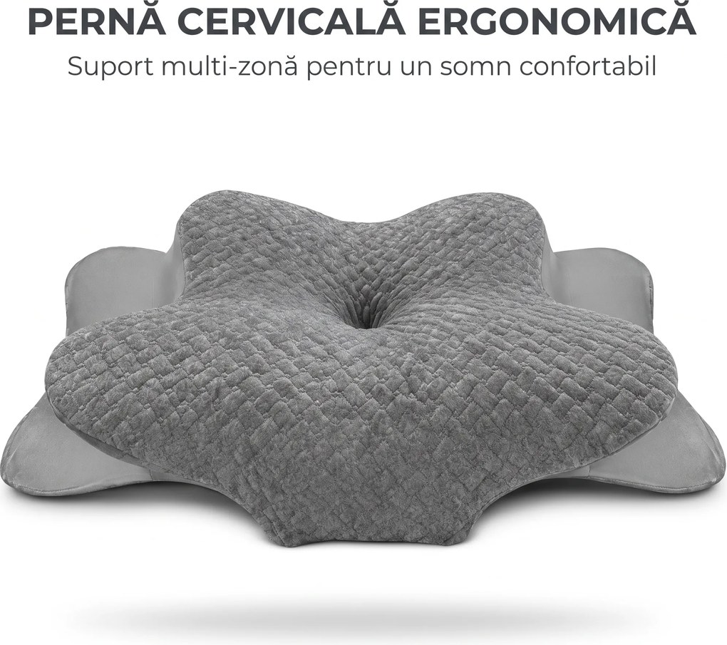 Perna cervicala ortopedica memory foam cu strat reglabil 2 cm, husa Tencel, Gri