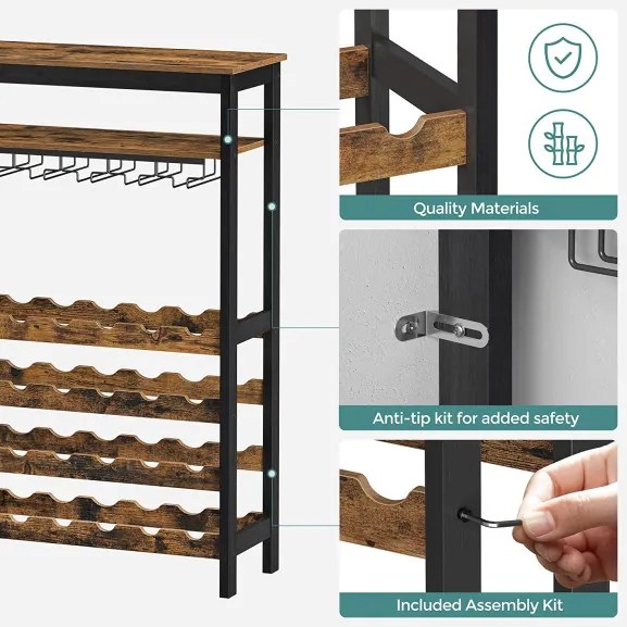 Raft De Depozitare Cu Blat Si Suport Pentru Sticle, Maro Rustic Si Negru, 26 Cm