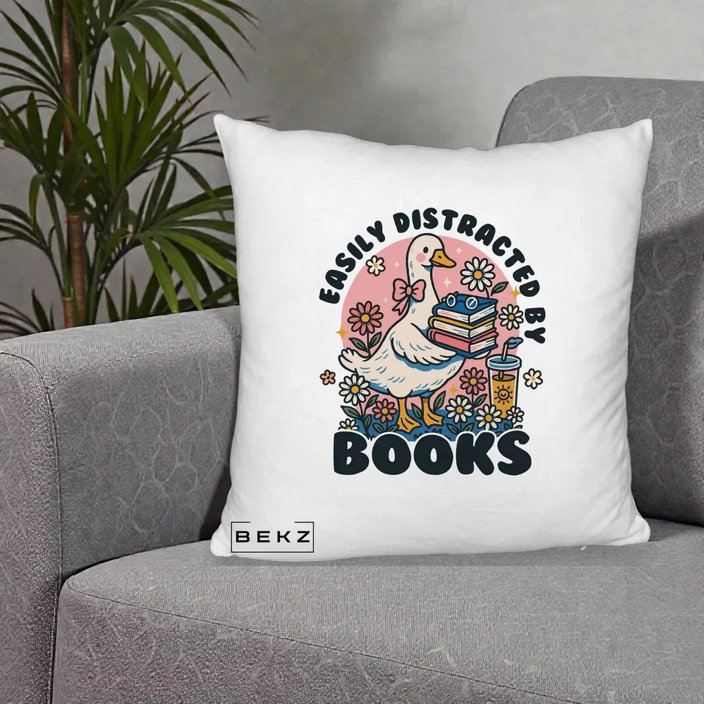Perna Personalizata Easily Distracted by Books, 40x40 cm, Alb Pufos, Husa Detasabila, Perna Inclusa, BEKZ®