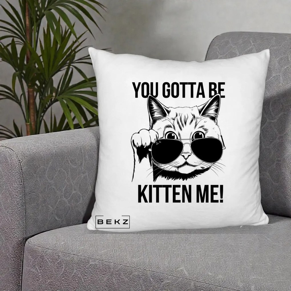 Perna Decorativa You Gotta Be Kitten Me!, 40x40 cm, Alb Pufos, Husa Detasabila, Perna Inclusa, BEKZ®