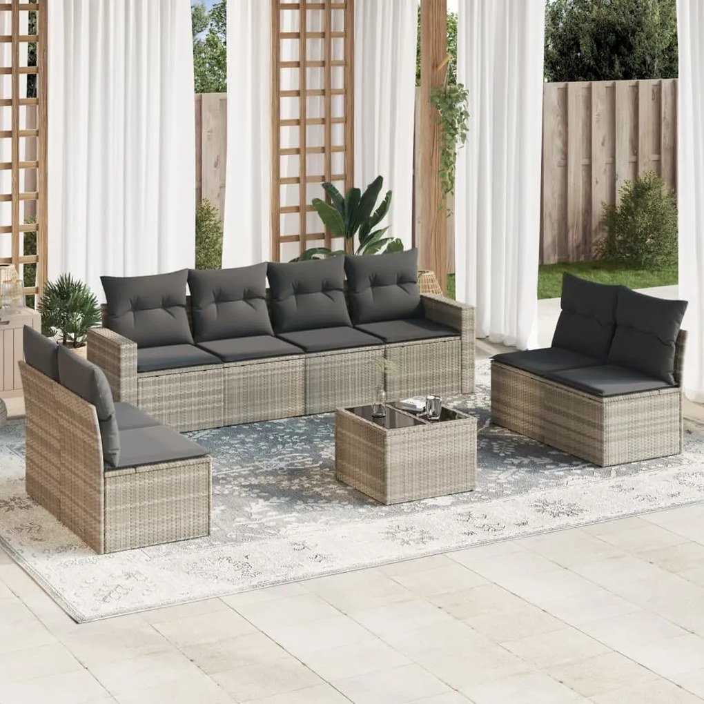 vidaXL Set canapele de grădină cu perne, 9 piese gri deschis poliratan