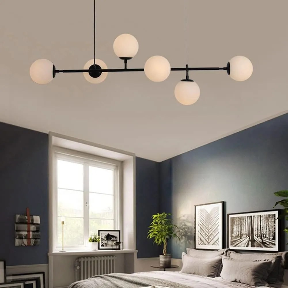 Lustră Pendul Asimetrică cu 6 Globuri și Structură Metalică, DM8323/6, Negru – Ideală pentru Spații Moderne și Birouri Elegante