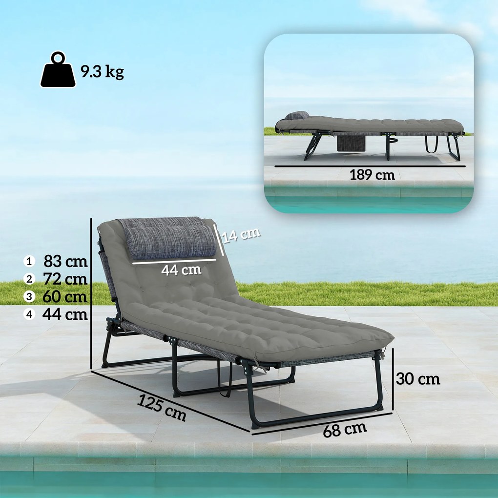 Outsunny Sezlong pliabil cu spatar inclinabil pe 4 nivele, Scaun de plaja pentru exterior cu perna, buzunar lateral,tetiera, Gri