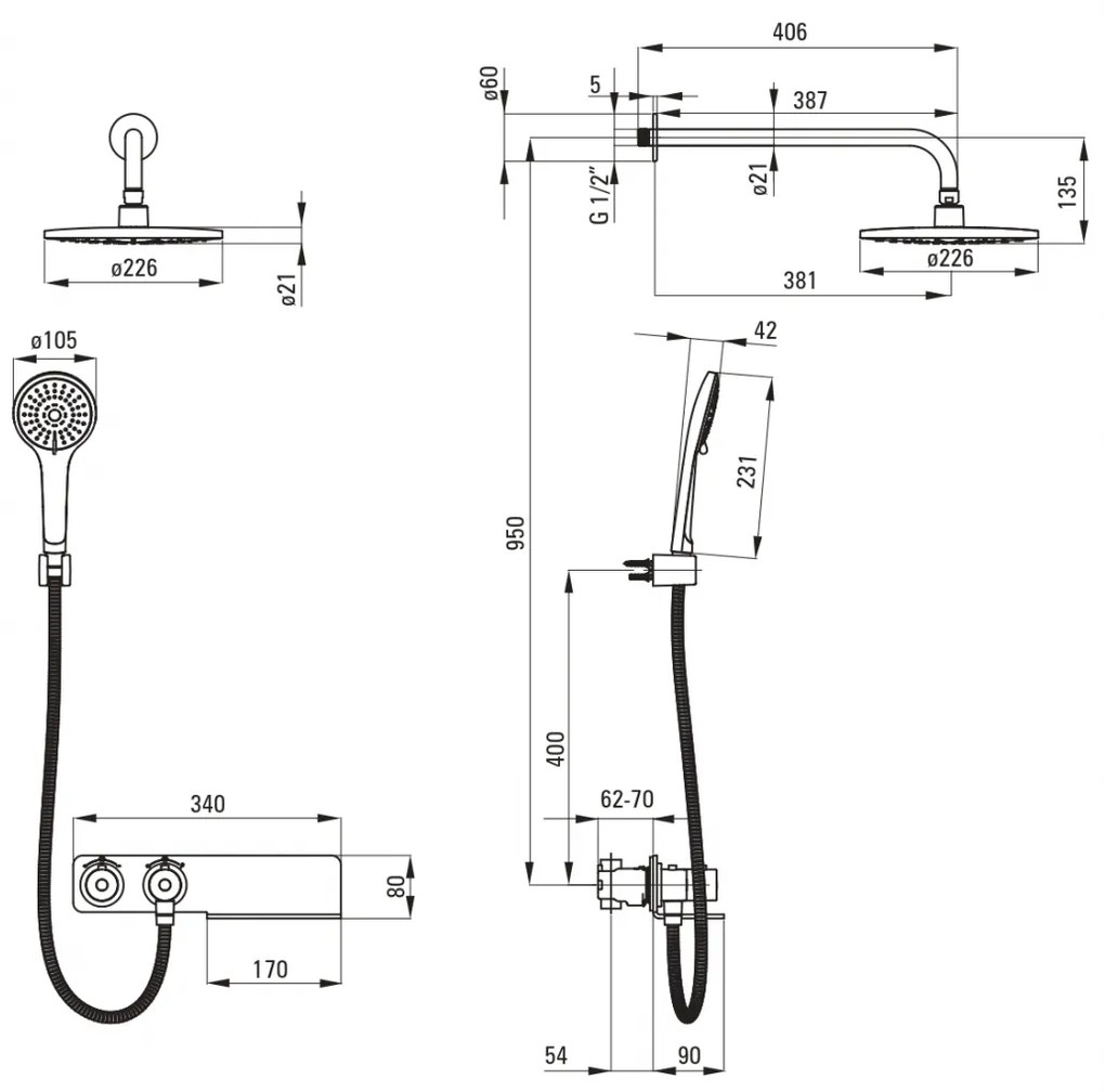 Set de dus incastrat, cu palarie, para de dus si baterie cu termostat, crom, Deante Lobelia