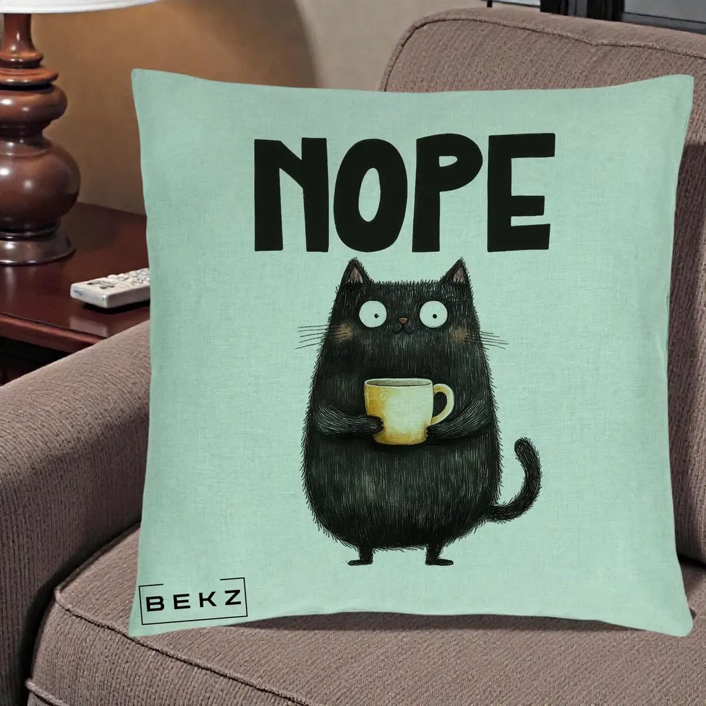 Perna Decorativa NOPE Pisica Neagra Cafea, 40x40 cm, Verde Menta, Husa Detasabila, Perna Inclusa, BEKZ®