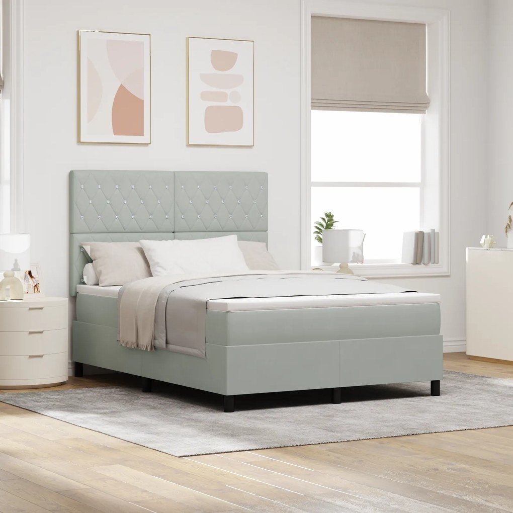 vidaXL Pat box spring cu saltea &amp; LED, gri deschis, 160x200 cm catifea