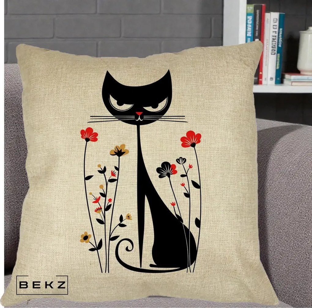 Perna Decorativa Pisica Neagra Grafica Flori Rosii, 40x40 cm, Crem, Husa Detasabila, Perna Inclusa, BEKZ®