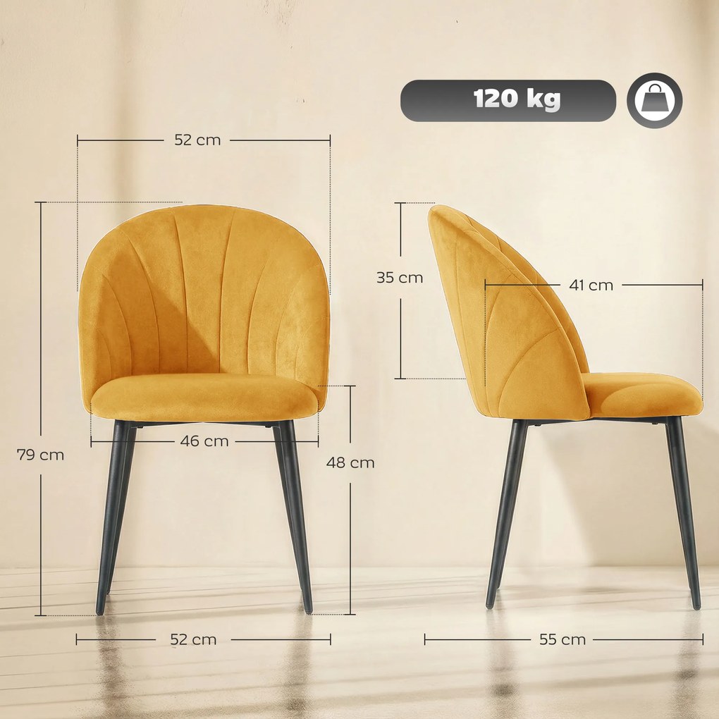HOMCOM Set 2 Scaune pentru Sufragerie din Catifea, Scaune de Bucătărie cu Spătar Curbat în Formă de Scoică, Picioare din Oțel, Stil Nordic, Scaun Tapițat pentru Bucătărie, Dormitor, Living, Galben | Aosom Romania