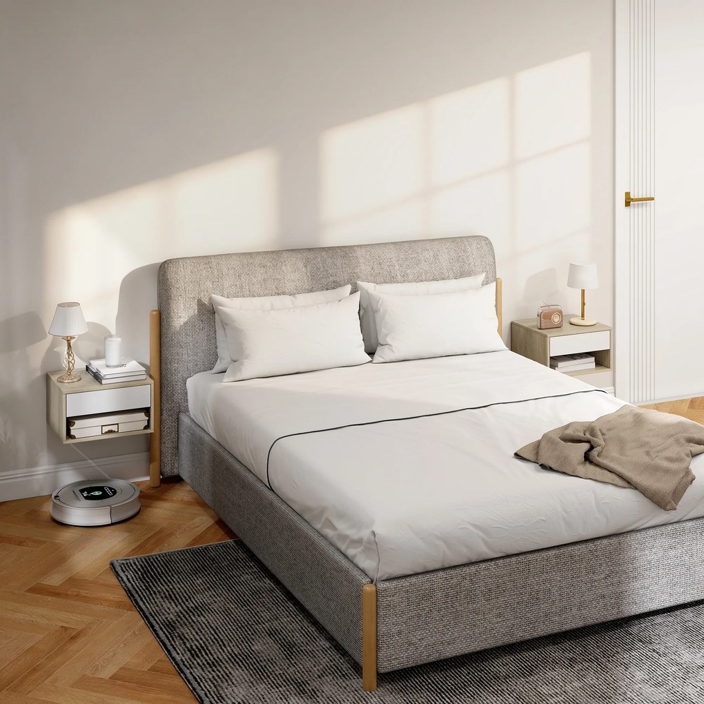 HOMCOM Set de 2 noptiere montate pe perete, noptiere, sertar, compartiment deschis, blat, 37 x 32 x 21 cm, lemn natural | Aosom Romania