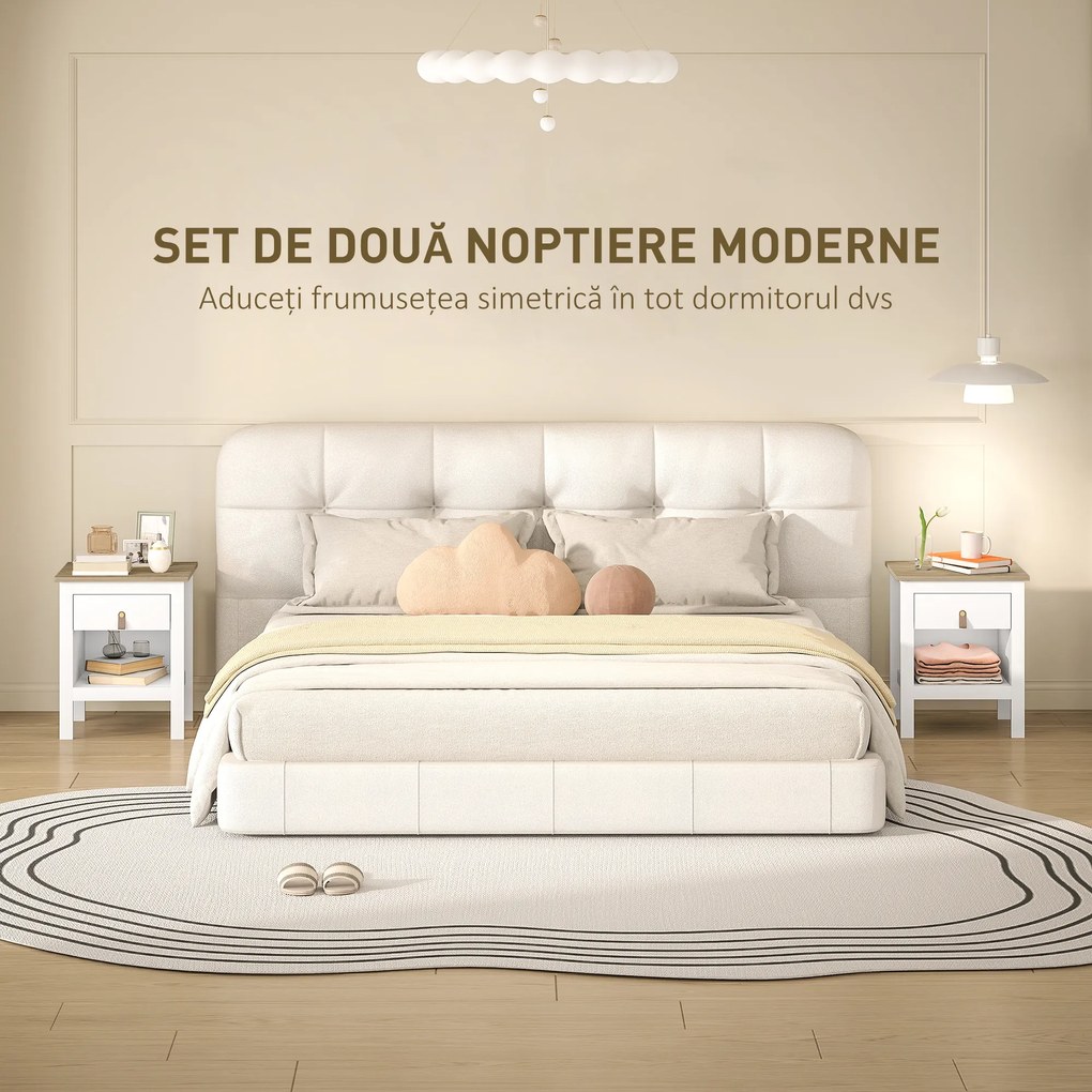 HOMCOM Set 2 Noptiere cu Sertar și Raft Deschis din Lemn Alb și Stejar | Aosom Romania