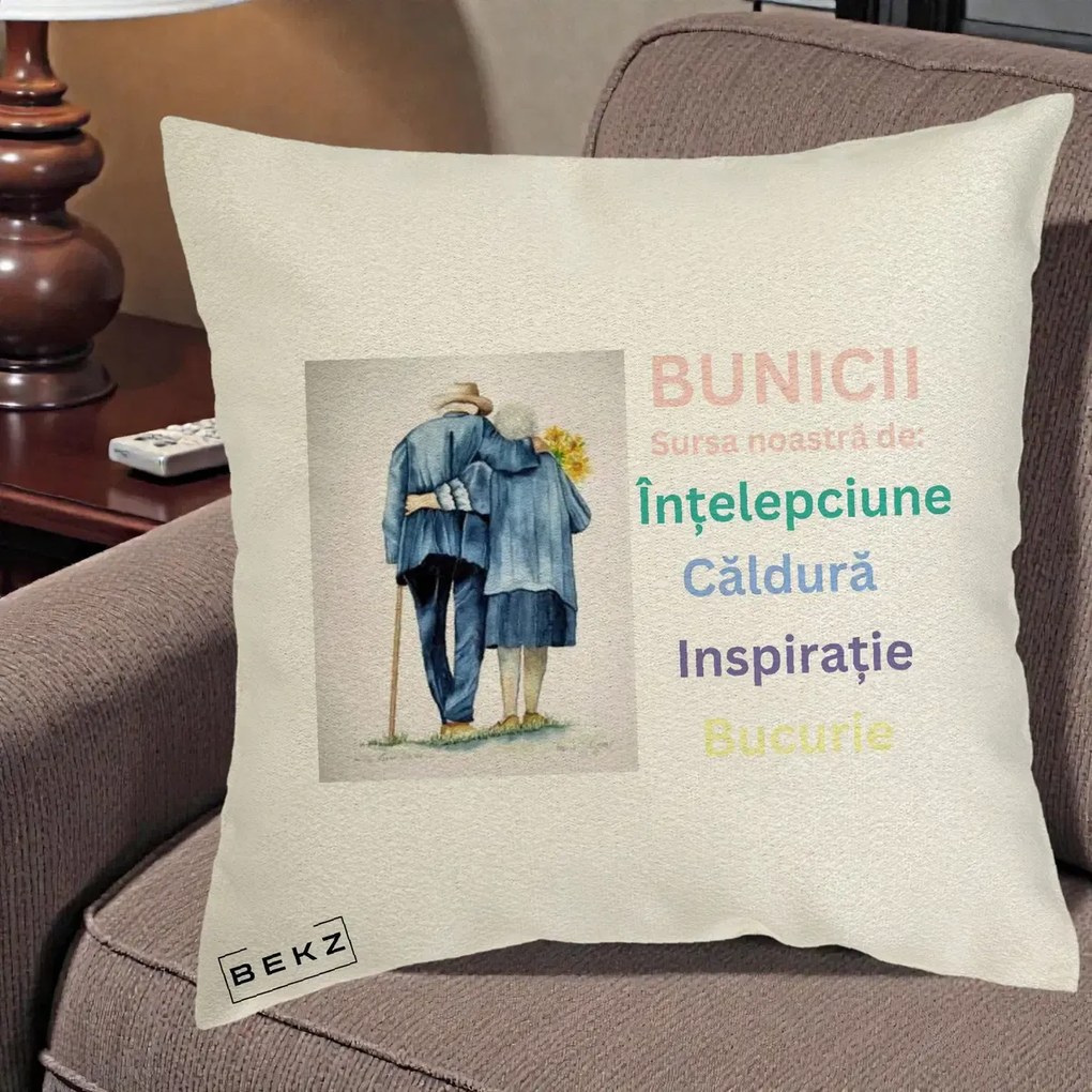 Cadou pentru Bunici - Perna Personalizata Bunicii Sursa Intelepciune Caldura Acuarela, 40x40 cm, Ecru, Husa Detasabila, Perna Inclusa, BEKZ®