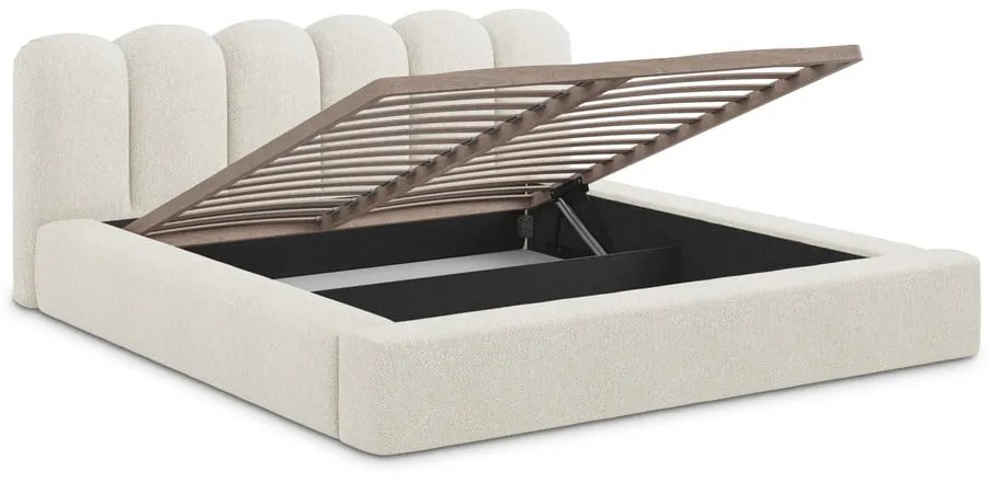 Pat matrimonial crem tapițat cu spațiu de depozitare cu somieră 180x200 cm Mano – Makamii