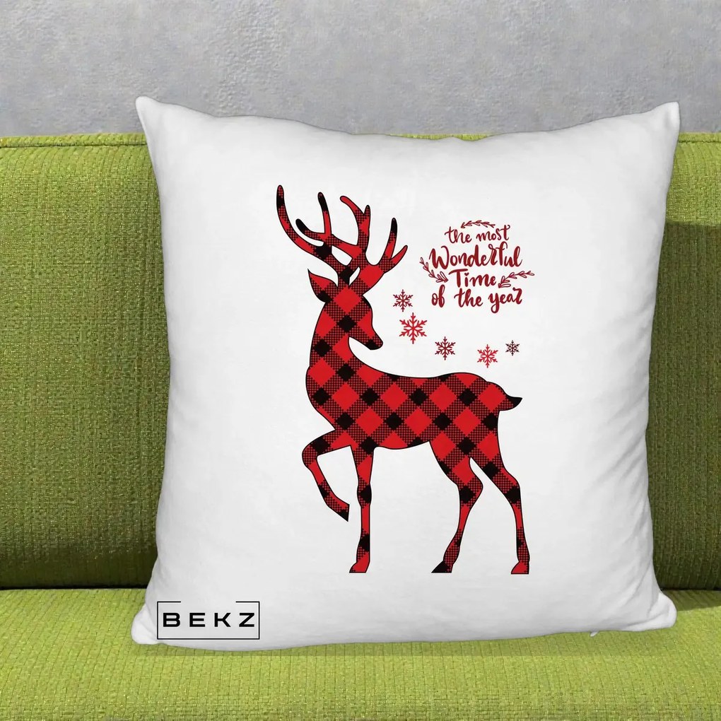 Perna Decorativa Ren Buffalo Plaid Craciun, 40x40 cm, Alb Pufos, Husa Detasabila, Perna Inclusa, BEKZ®