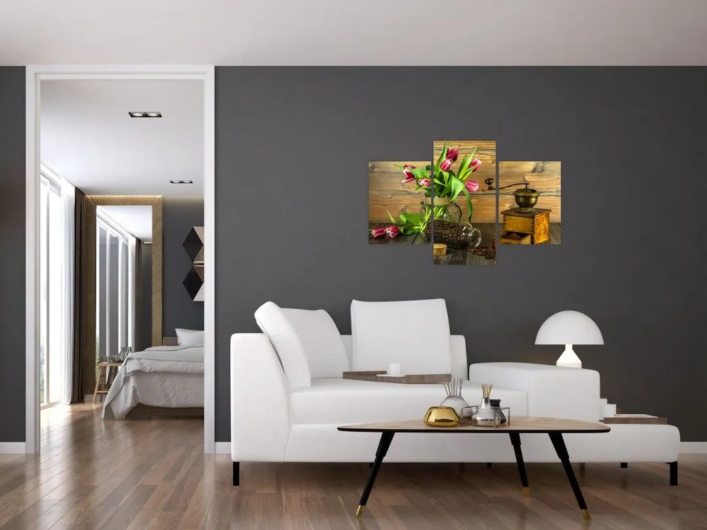 Tablou - lalele, râșniță și cafea (90x60 cm)