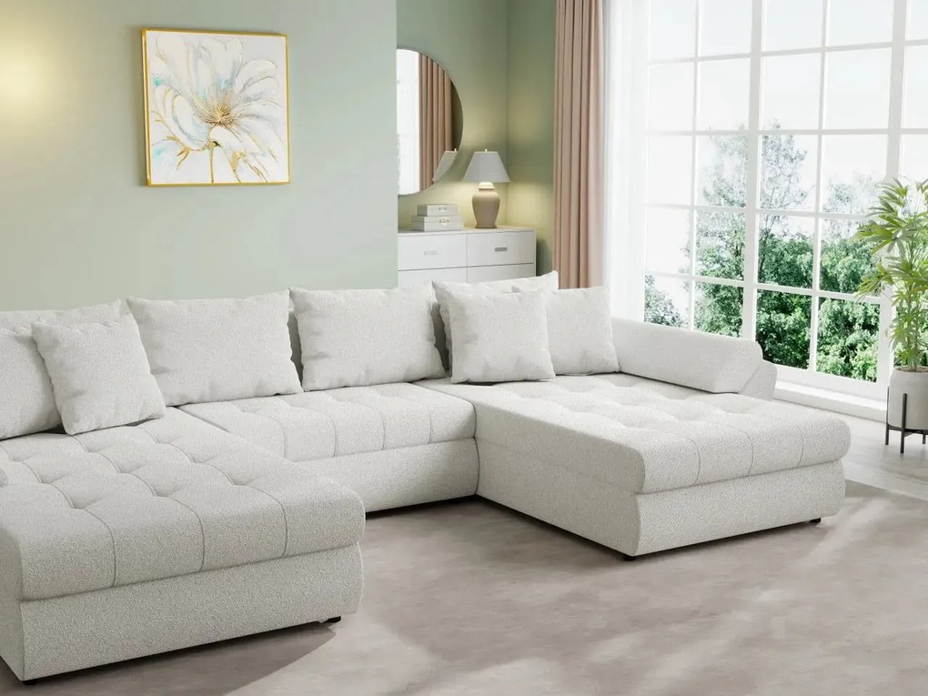 Colțar extensibil dumonde cu ladă de depozitare si sezut confortabil din spuma high-density, Loana U Euphoria Ivory 355x185 cm