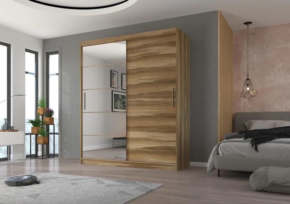 Dulap cu usi glisante si oglinda, 180x215 cm, Esti, ADRK Furniture (Culoare: Negru)